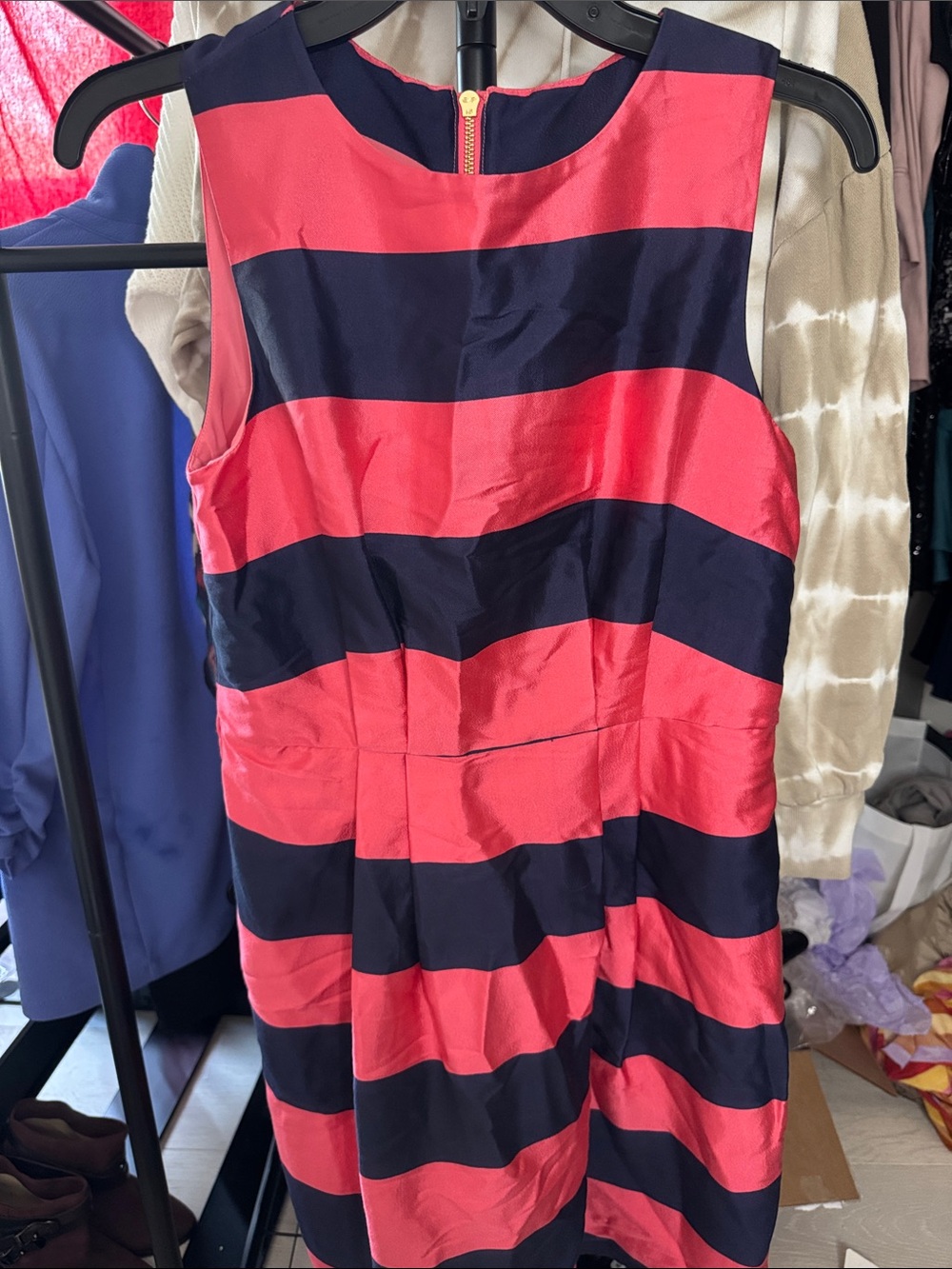 Sail to Sable Navy and Coral Silk  Striped Midi Dress
